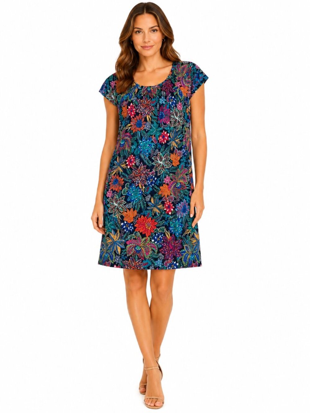 JUDE CONNALLY Multicolor Floral Navy Jude Cloth Short Sleeve Shift Dress Large